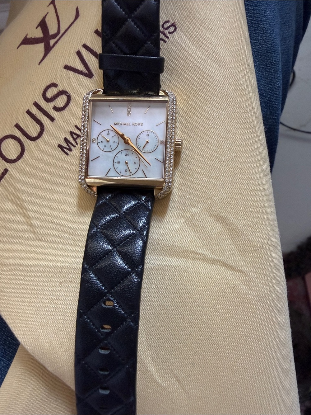 Michael Kors Black Quilted Leather Strap Gold-Tone Square Chronograph Watch